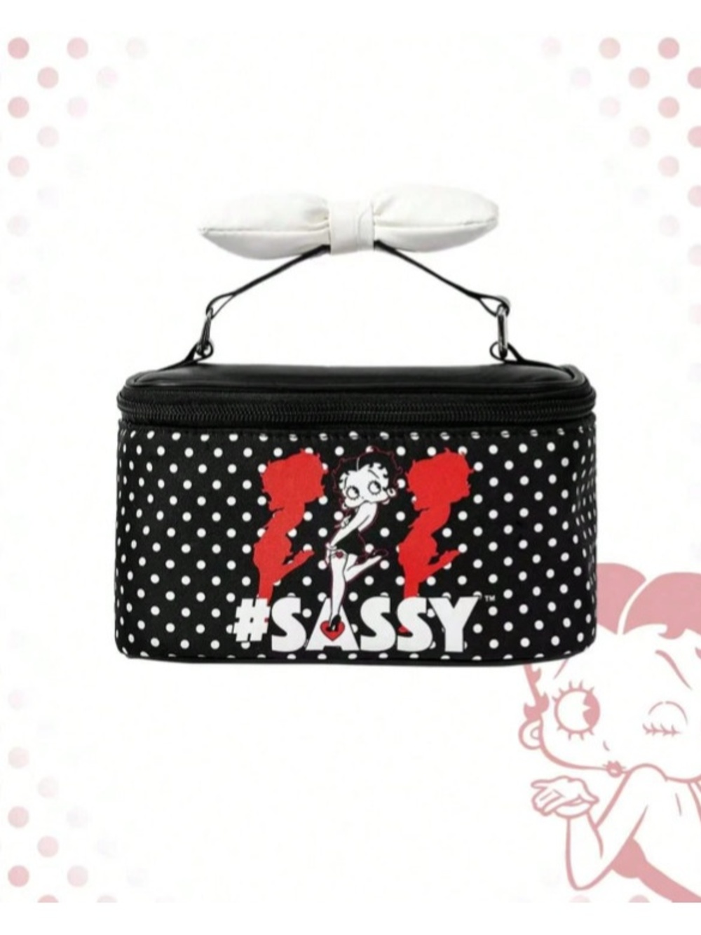 Betty Boop Sassy Black Polka Dot Cosmetic Travel Case with White Bow Handle